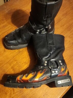 Black Leather Harness Motorcycle Boots with Orange Flame Accent